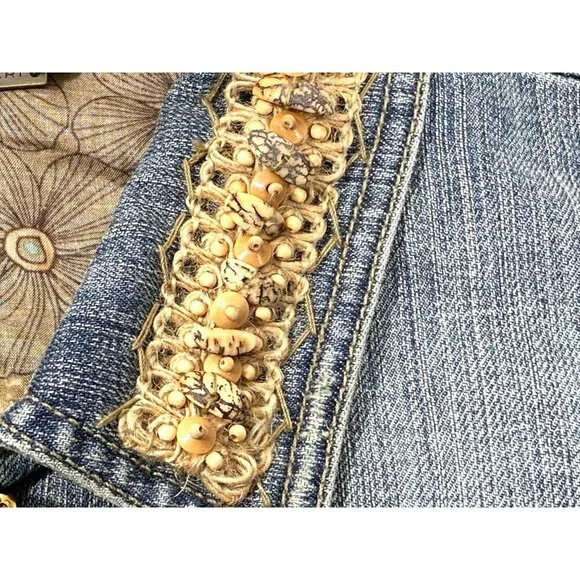 Elie Tahari Womens Beaded Collar Denim Jacket Floral Lining Button Front Size L - Picture 12 of 16